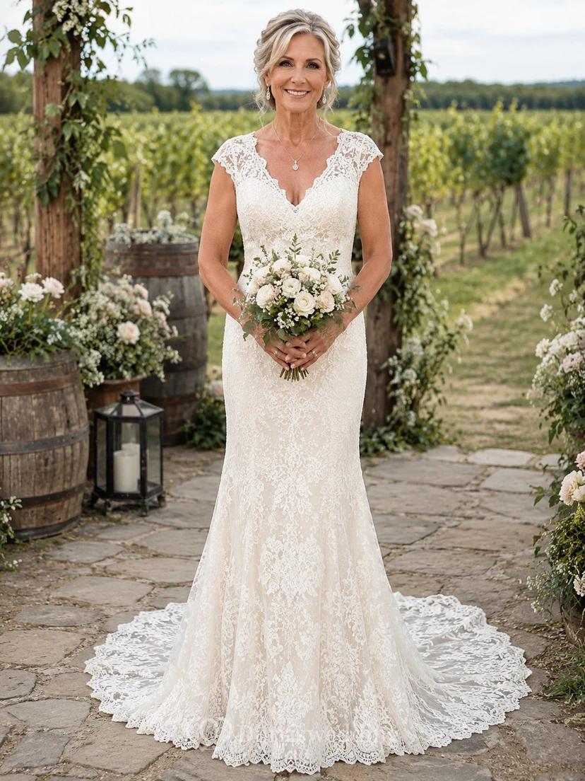 Vestido de novia estilo sirena con escote en V y encaje para novias mayores con cola de capilla.