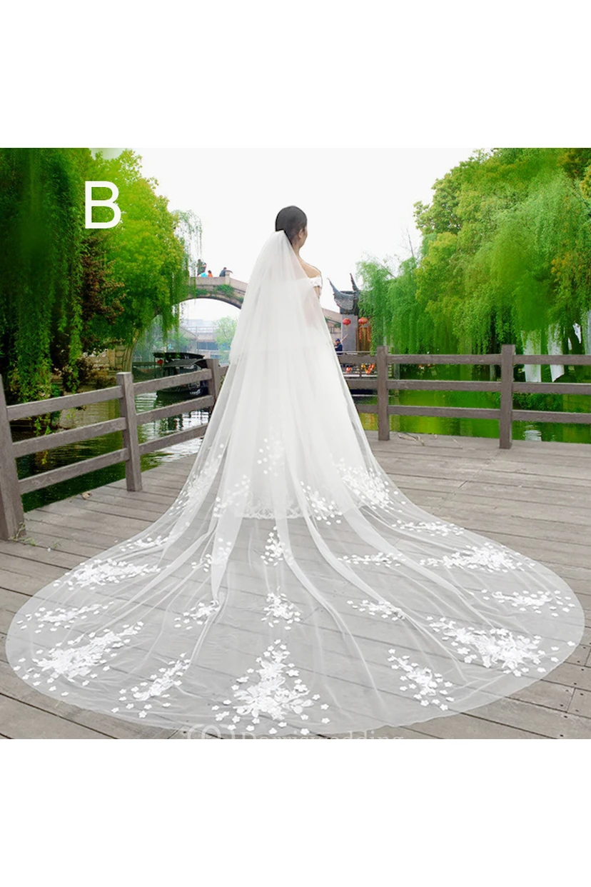 New Korean Style Lace Applique Large Tailed Tulle Super Long Veil view 2