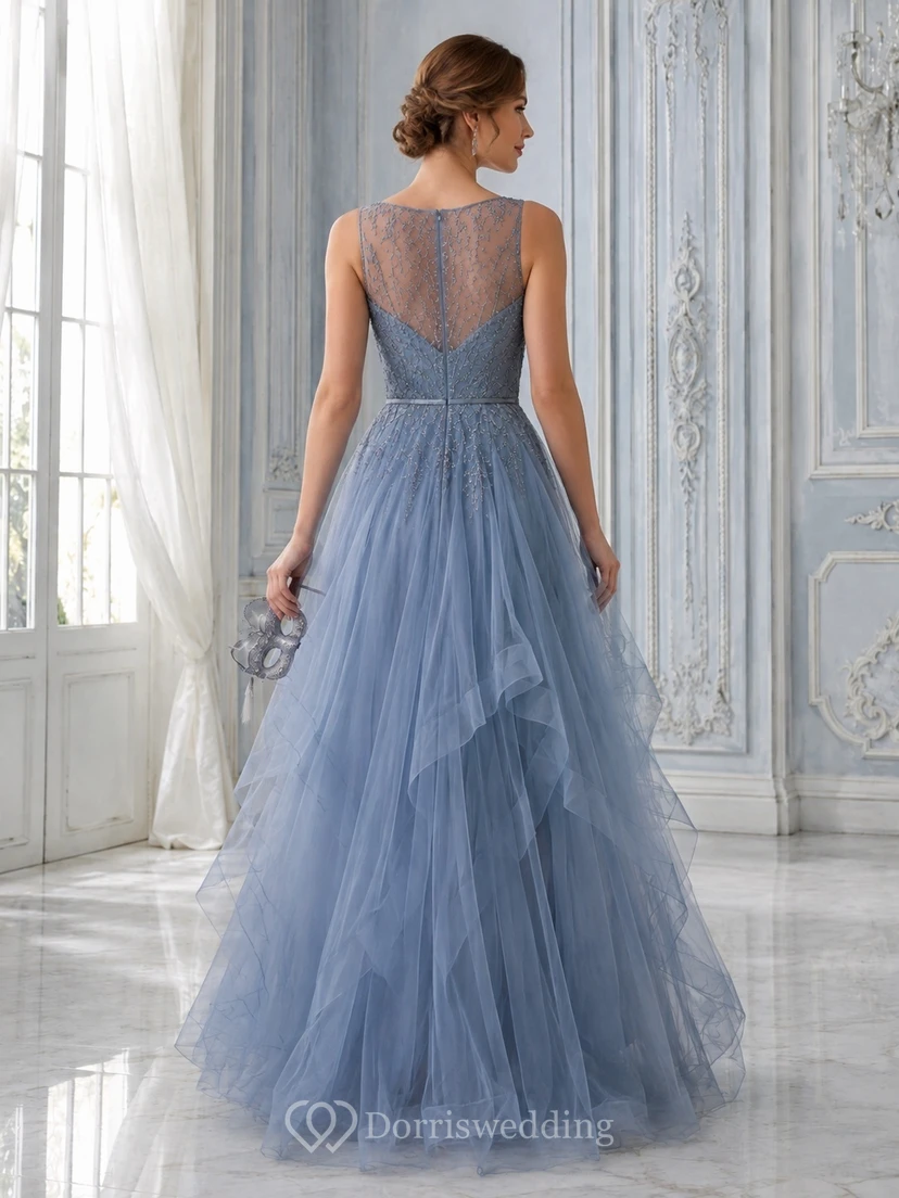 Vestido largo hasta el suelo de corte A con tul y escote ilusión azul acero vintage y cuentas view 2