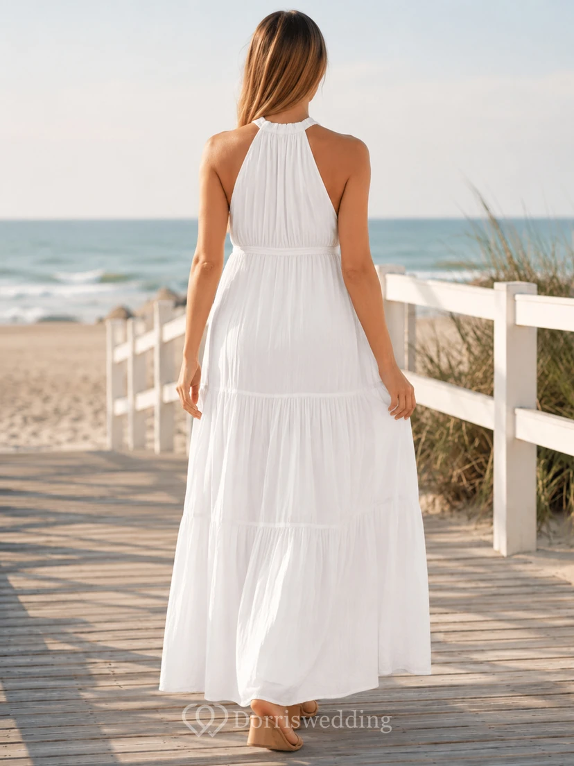 Vestido de maternidad informal de gasa blanco hasta el suelo con escote halter y sin mangas de Barefoot Expectance view 2