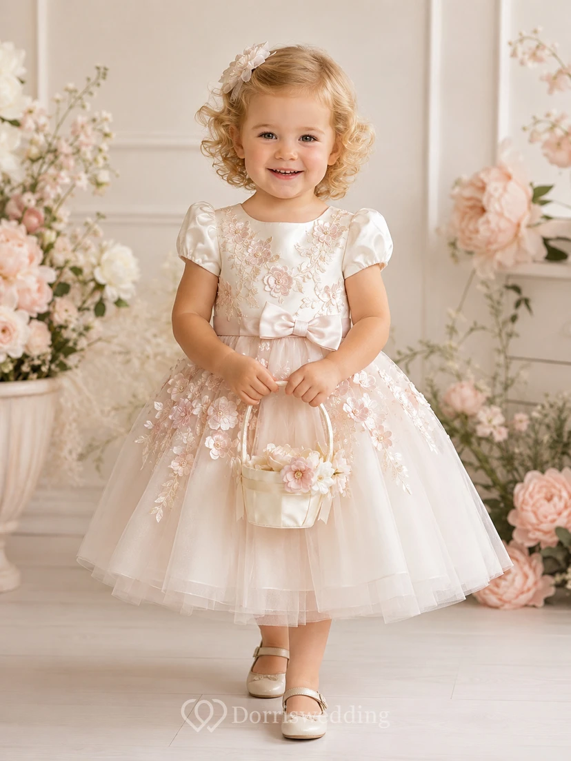 Blush Ivory Flower Girl Dress Tea-Length A-Line Satin Puff Sleeve Floral Applique Tulle Bow