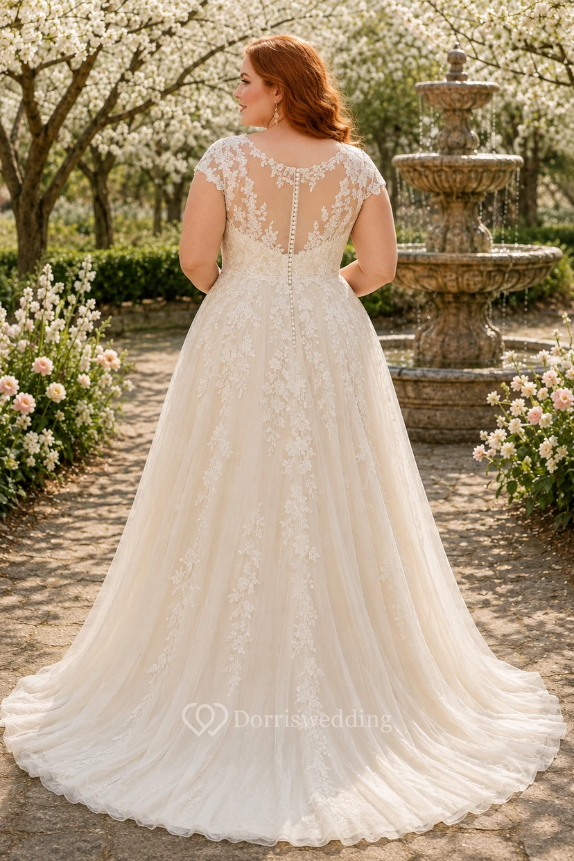 Plus Size Cap Sleeve Lace A-Line Wedding Dress with Soft Tulle Train view 2