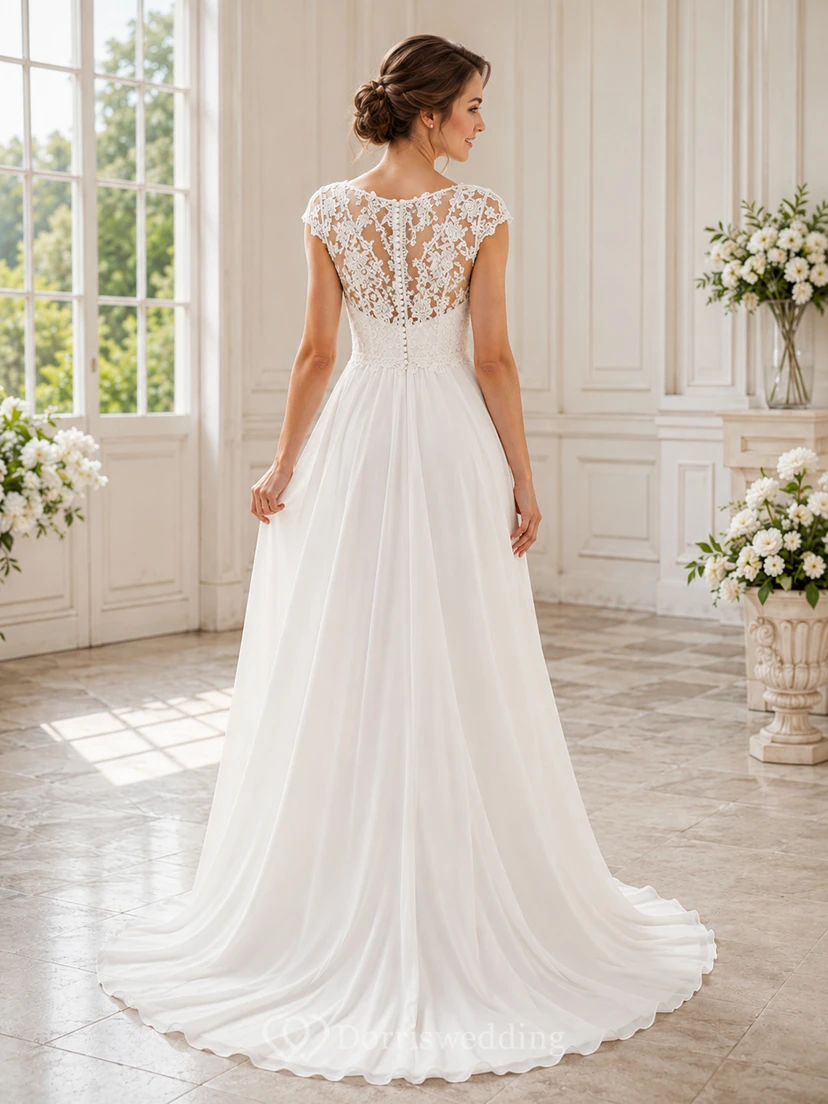 Budget V Neck Lace Chiffon Wedding A Line Cap Sleeve Court Train view 2