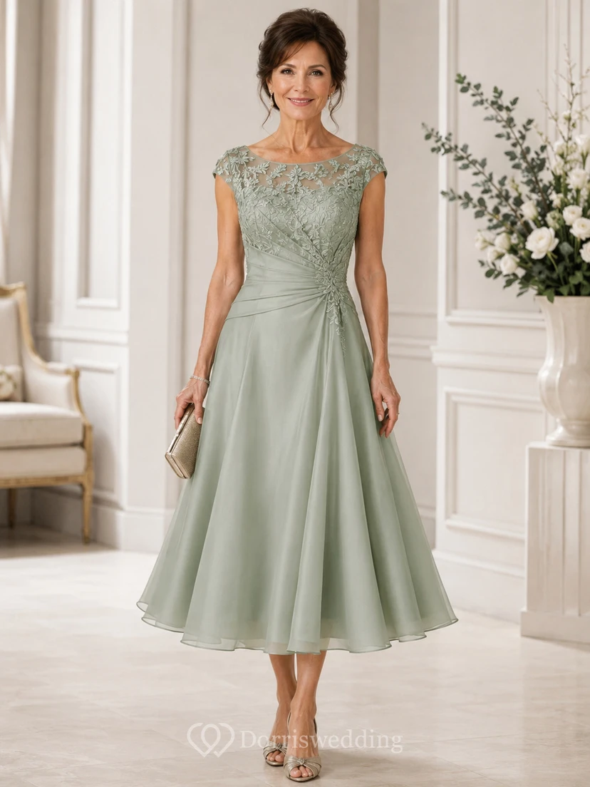 Sage Tea Length Lace Mother Dress Sage Bateau Jewel A-Line Tea-length