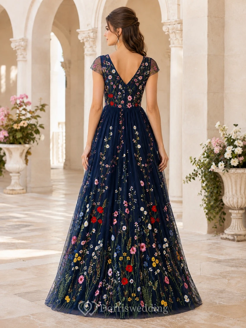 Boho-Kleid in Marineblau mit V-Ausschnitt, ärmellos, bodenlang, aus Chiffon, A-Linie und Blumenmuster view 2