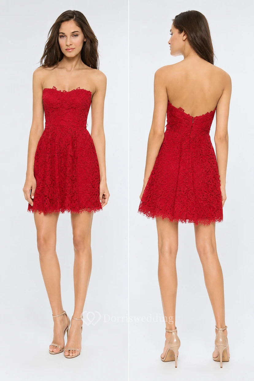 Short Strapless A-line Lace Dress With Low-V Back Style view 13