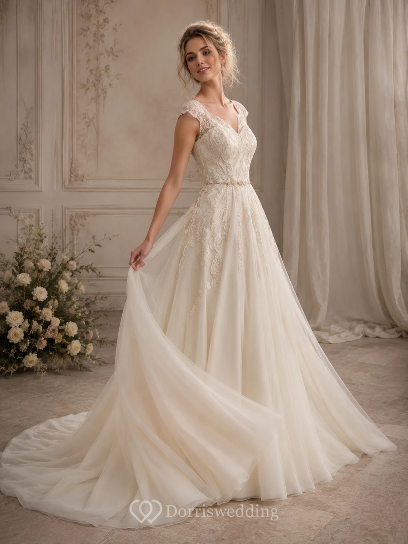 Empire-Brautkleid aus Chiffon mit Perlenbesatz, Falten und Raffungen sowie Schleppe view 5