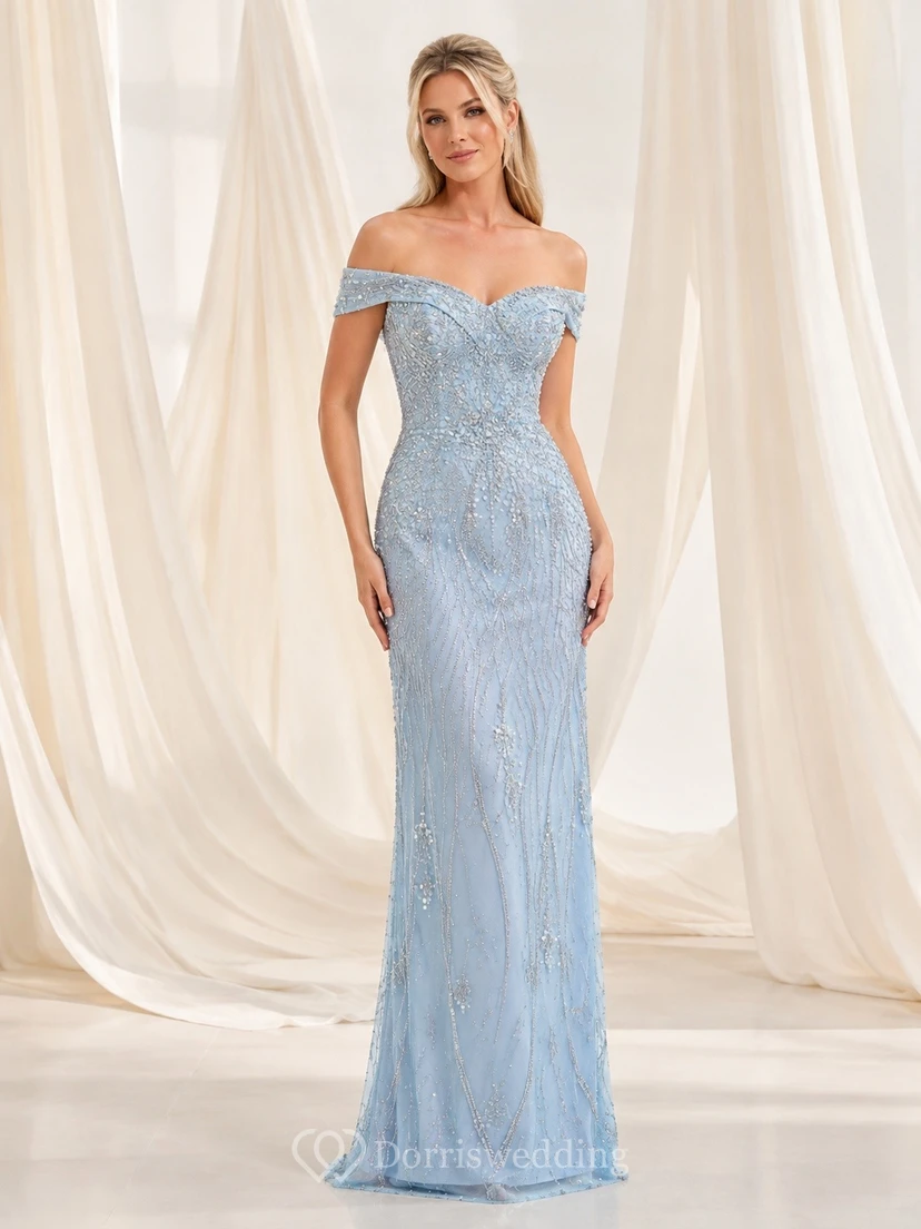 Sky Blue Off-the-Shoulder Sleeveless Chiffon Sheath Gown