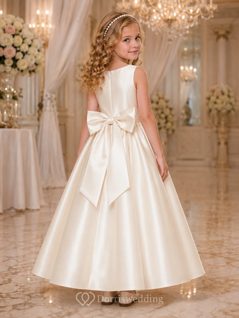 A-Line Flowergirl Satin Floor-Length Sleeveless Formal Ballroom Wedding Gown with Full Skirt and Bow Back view 2