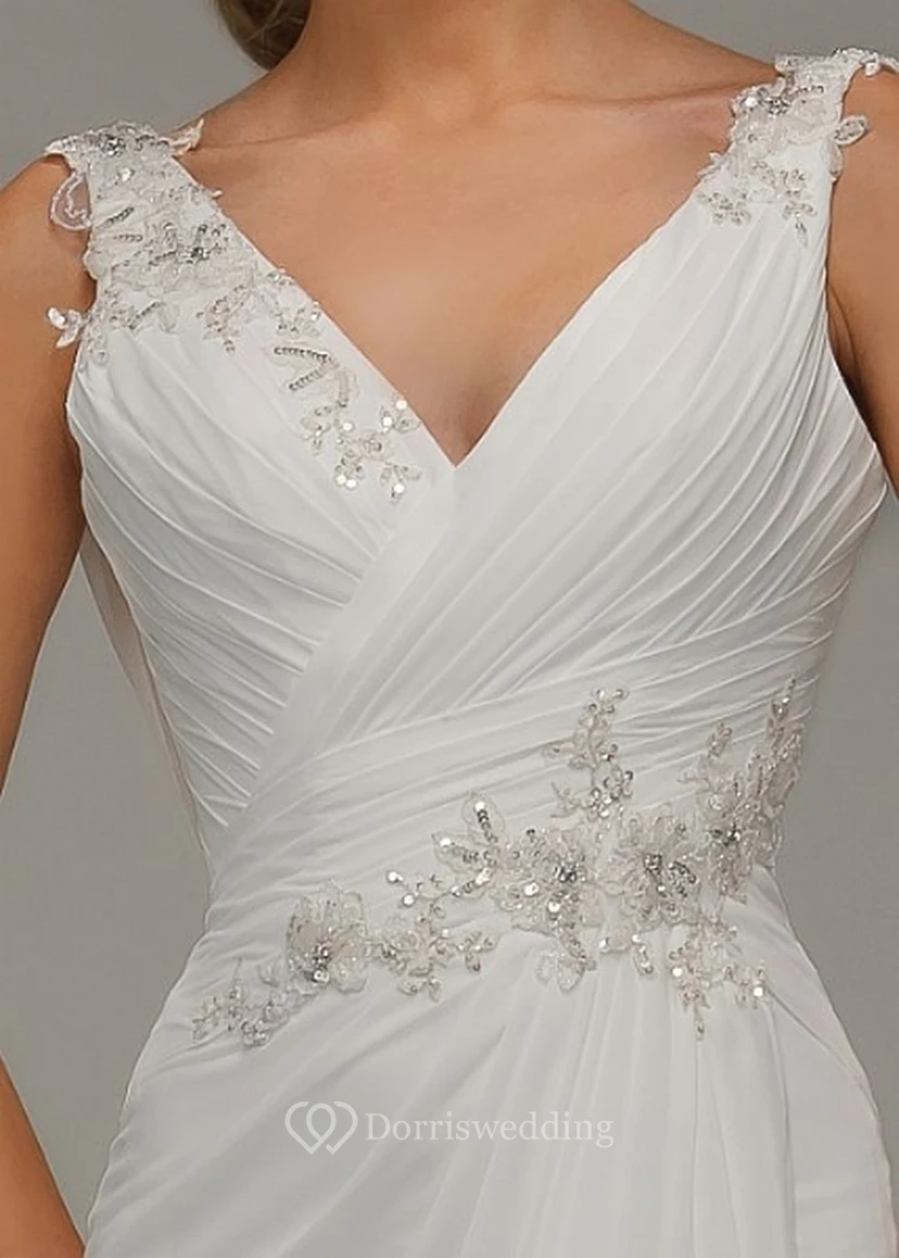 Sheath Appliqued Long V-Neck Sleeveless Chiffon Wedding Dress With Draping And Ruching view 3