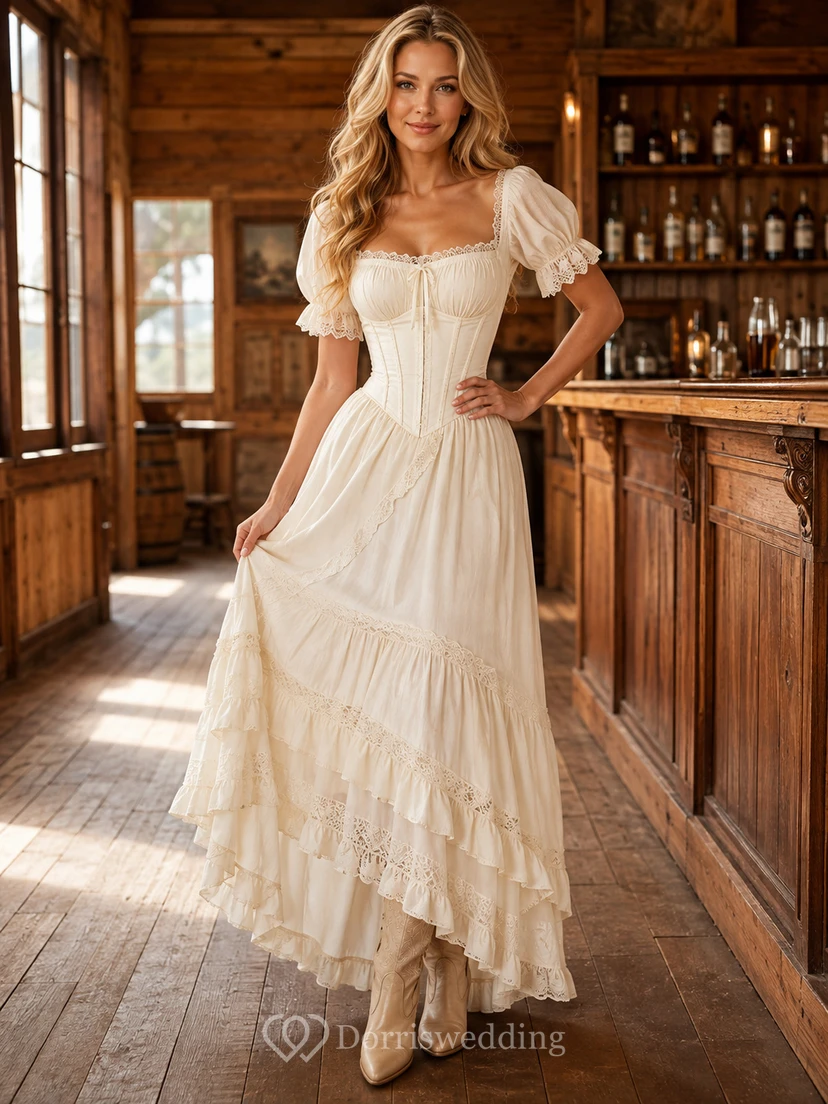 Vestido de estilo western vintage color marfil con escote cuadrado, mangas abullonadas y encaje escalonado de corte asimétrico.
