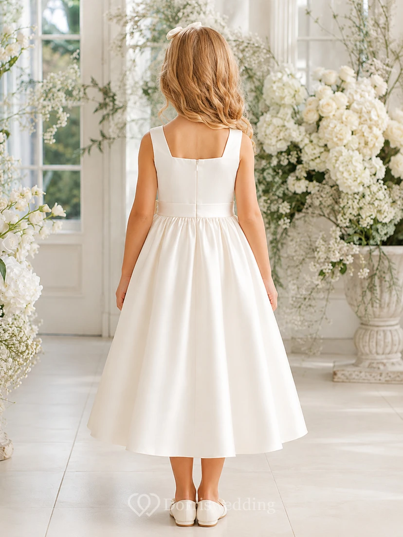 Vestido moderno de niña de las flores con corte en A, escote cuadrado, sin mangas, de satén blanco plisado en la cintura, ideal para ceremonias. view 2