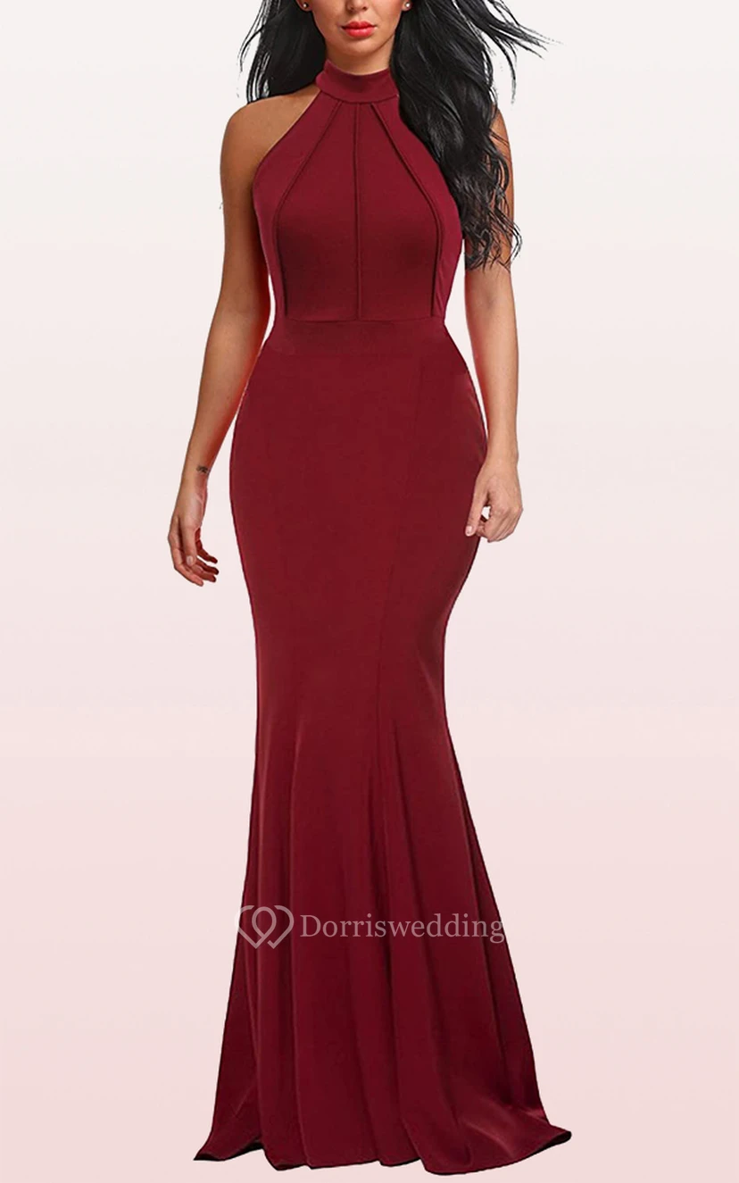 Modern Jersey Halter A Line Sleeveless Formal Evening Dress With Ruffles