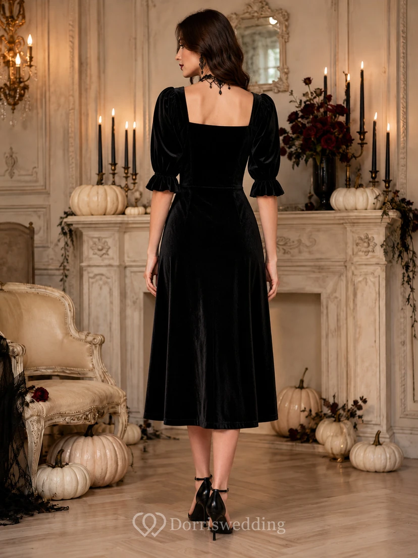 Black Velvet Puff Sleeve Slit Midi Halloween Cocktail Dress view 2