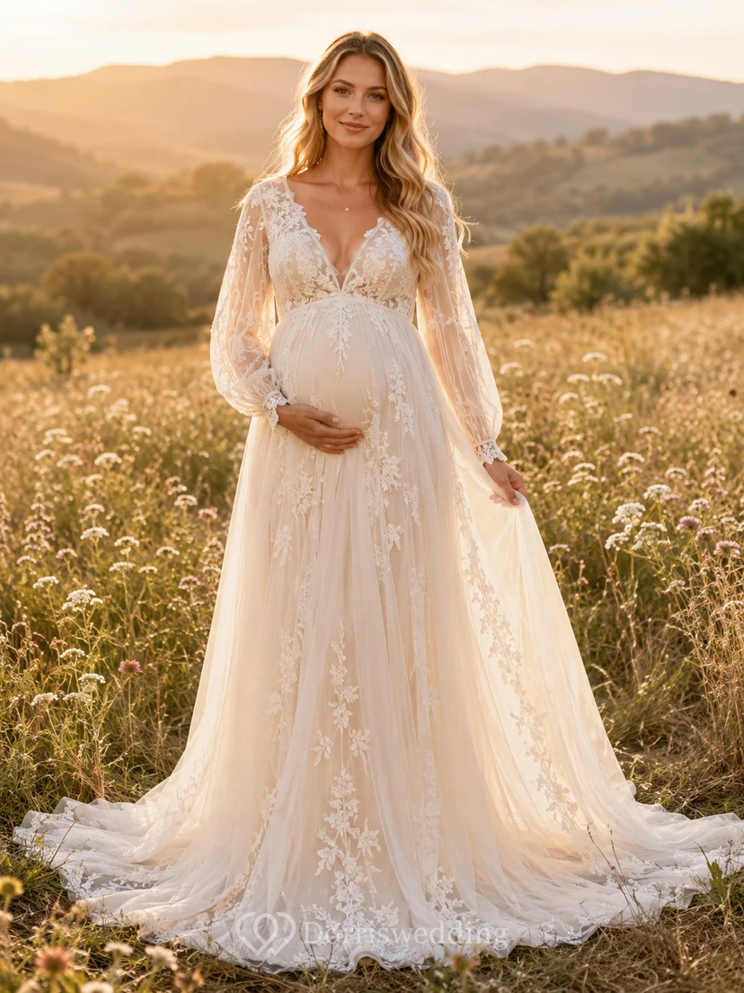 Umstandsbrautkleid mit V-Ausschnitt, langen Spitzenärmeln, formellem A-Linien-Schnitt und Schleppe