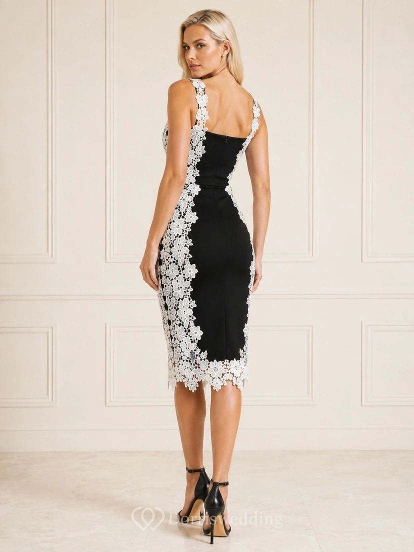 Robe fourreau sans manches à col carré en dentelle noire et blanche, arrivant au genou view 2