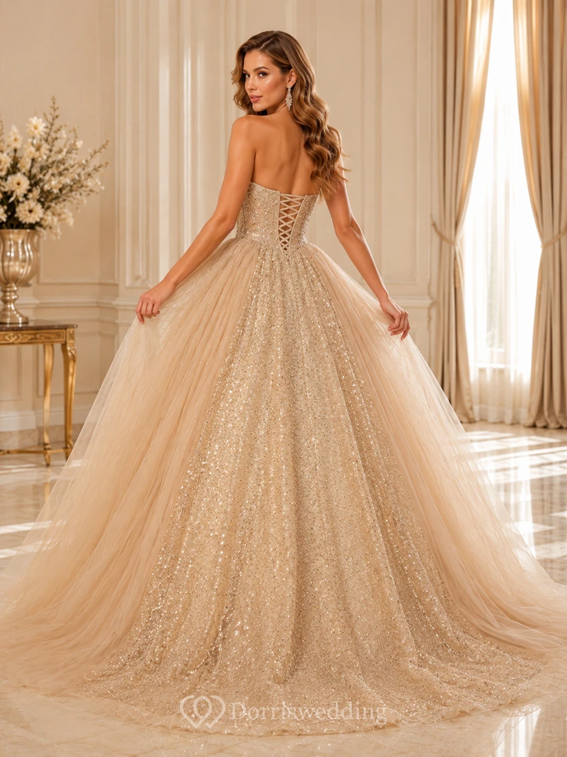Champagne Luxury Strapless Sweetheart Sequin Tulle Overskirt Quinceanera Princess Ball Gown view 2