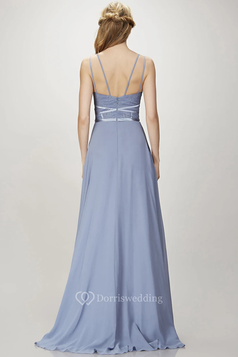A-Line Spaghetti Appliqued Floor-Length Sleeveless Chiffon Bridesmaid Dress With Zipper Back view 2