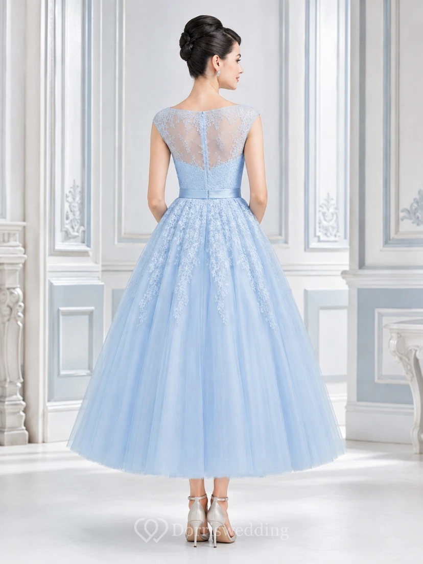 Sky Blue Vintage 1950s Square Neck Short Sleeve Tulle A-Line Gown Dress view 2