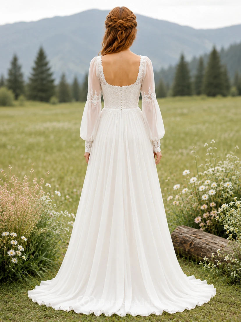 Square Neck Bishop Sleeve Chiffon Meadow Bridal Gown view 2