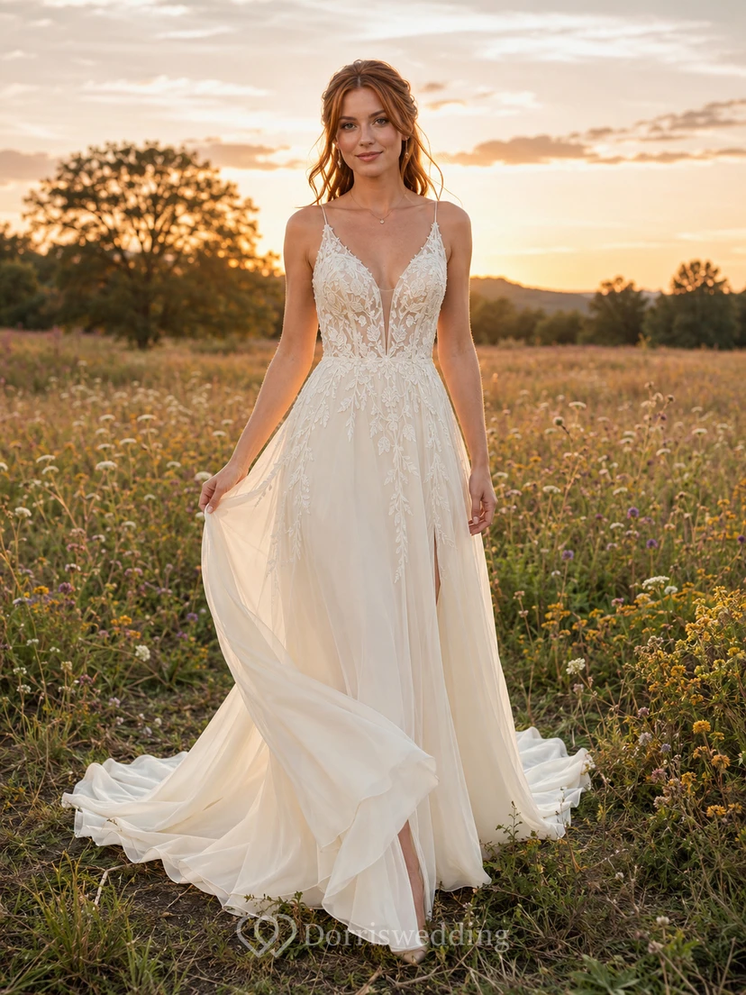 Robe de mariée champêtre en dentelle, coupe trapèze, bretelles spaghetti, traîne et dos nu fendu.