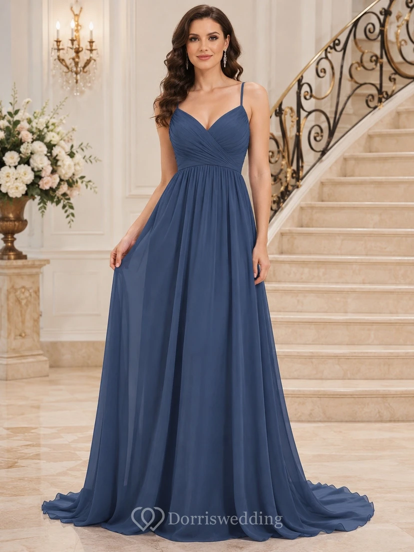 Vestido de fiesta de corte A con escote corazón y tirantes finos de gasa azul marino oscuro