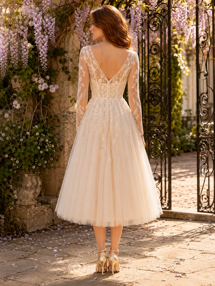 Blush V Neck Lace Long Sleeve Tulle Tea Length Wedding Dress view 2