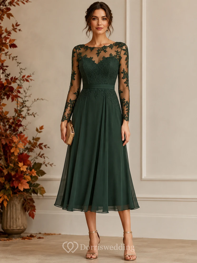 Dark Green Illusion Autumn Long Sleeve Tea-Length Formal Dress