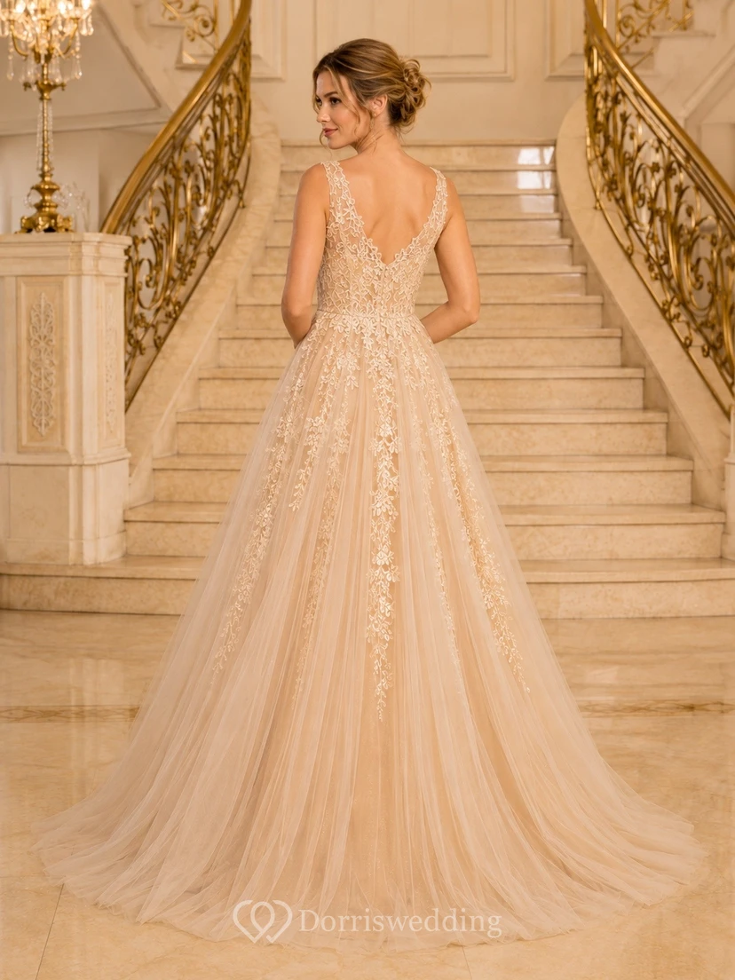 Champagne Long Sleeve Lace Embroidery Ball Gown Sweep Train Formal Dress view 2
