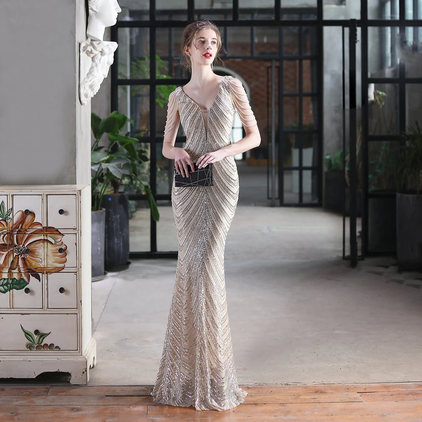 Paillettenbesetztes Meerjungfrauenkleid für Auftritte, Internet-Promi-Events, Bankette, Automodelle, Etikette, Abendkleid view 27