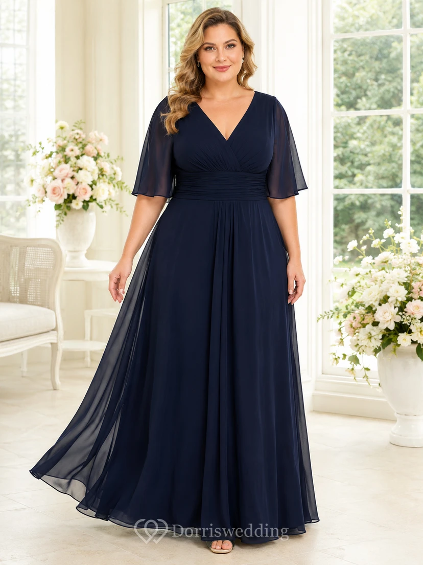 Vestido largo de gasa azul marino oscuro para embarazadas, talla grande, con escote en V y mangas acampanadas.