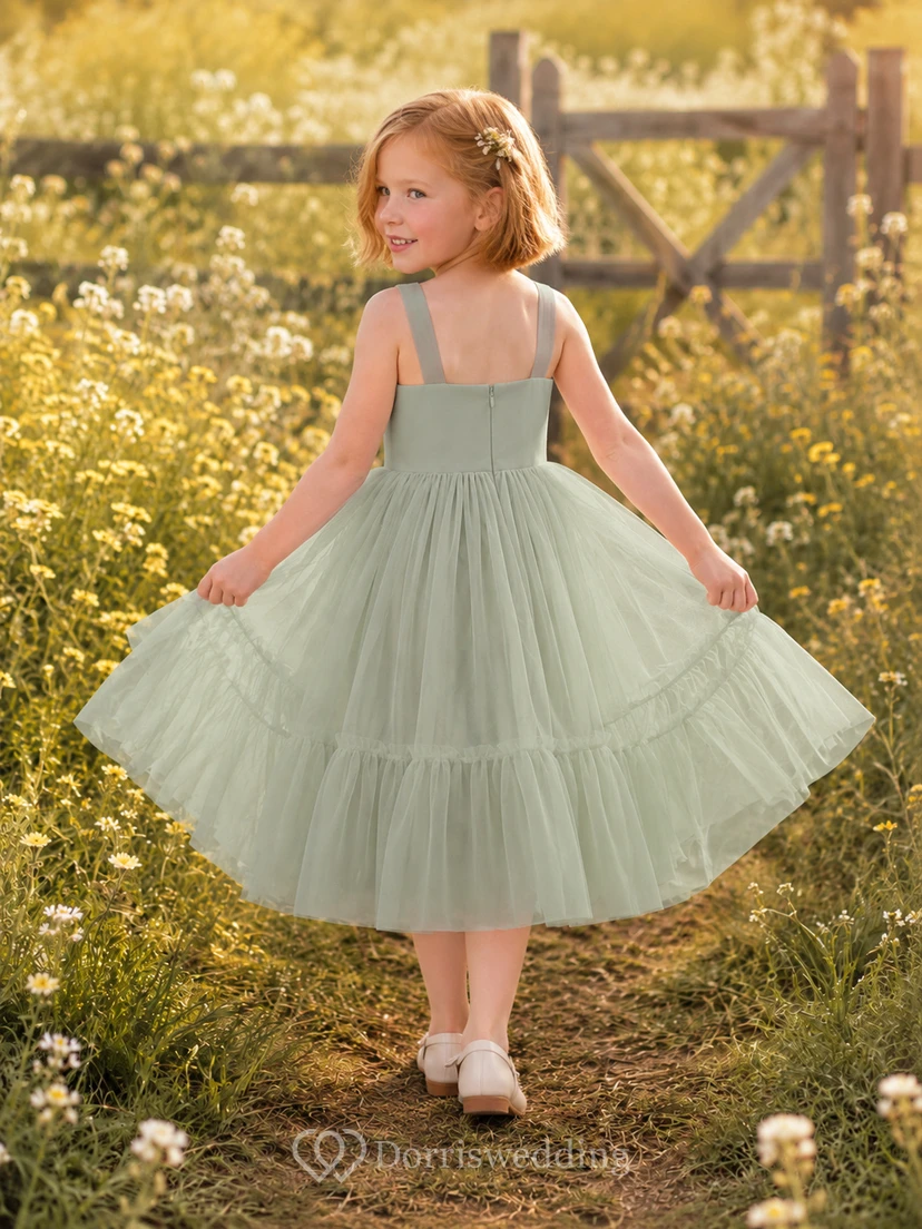 Salbeigrünes, eckiges Spaghettiträger-Tüllkleid in Teelänge mit A-Linien-Schnitt für Blumenmädchen bei Gartenhochzeiten view 2