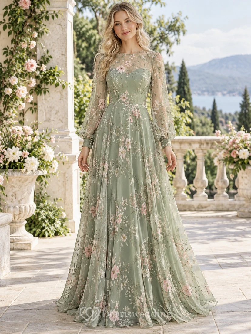 Vestido de dama de honor modesto de manga larga color verde salvia con bordado floral y efecto ilusión, largo hasta el suelo.