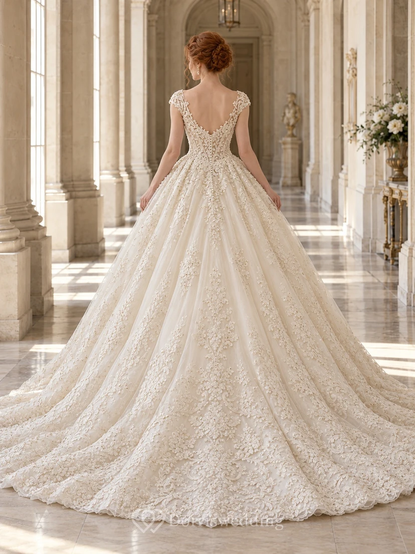 Romantic Cap Sleeve Floral Embroidered Lace Ball Gown Wedding Dress view 2