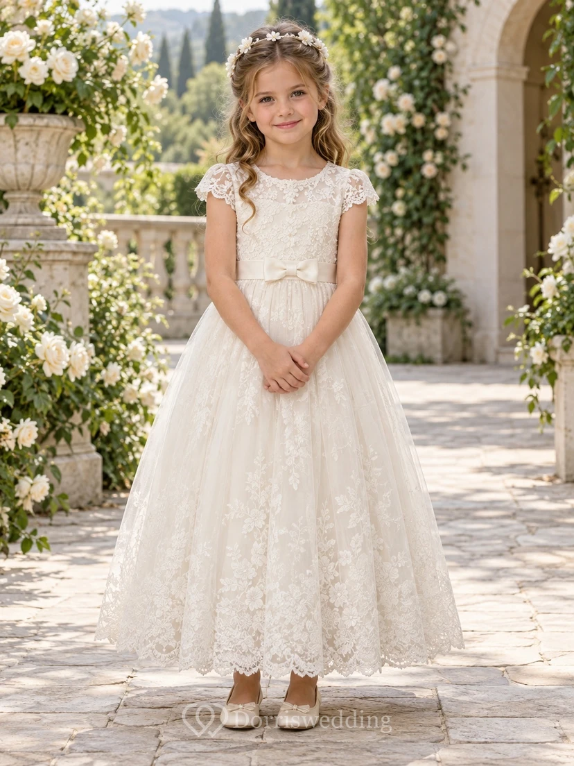 Vestido de niña de flores modesto, color marfil, con estampado floral, corte en A, mangas cortas, encaje y largo hasta los tobillos con borde festoneado.