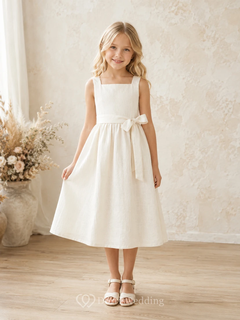 Rustic Linen Square Neck Sleeveless Bow Tea-Length A-Line Garden Flower Girl Dress