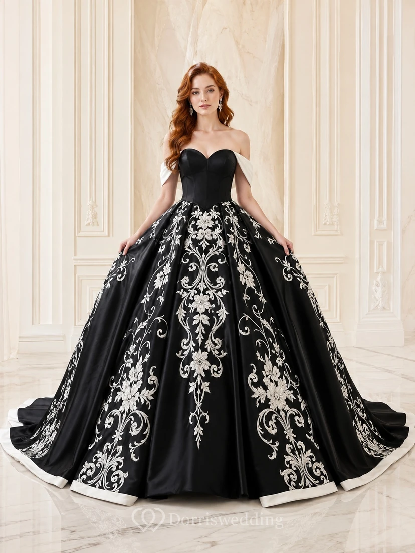 Schwarzes, schulterfreies Ballkleid aus Satin mit floraler Spitze, kurzen Ärmeln und Kathedralenschleppe