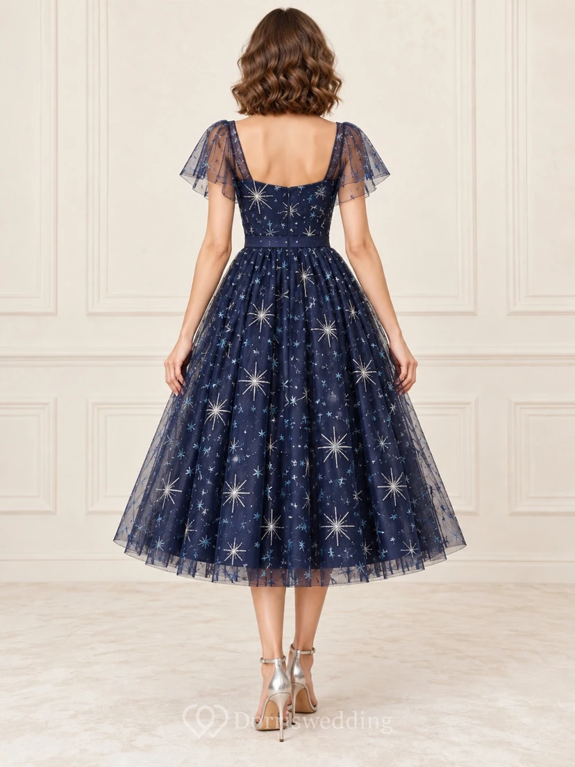 Dark Navy Sweetheart Star Embroidered Flutter Sleeve Cocktail Dress view 2