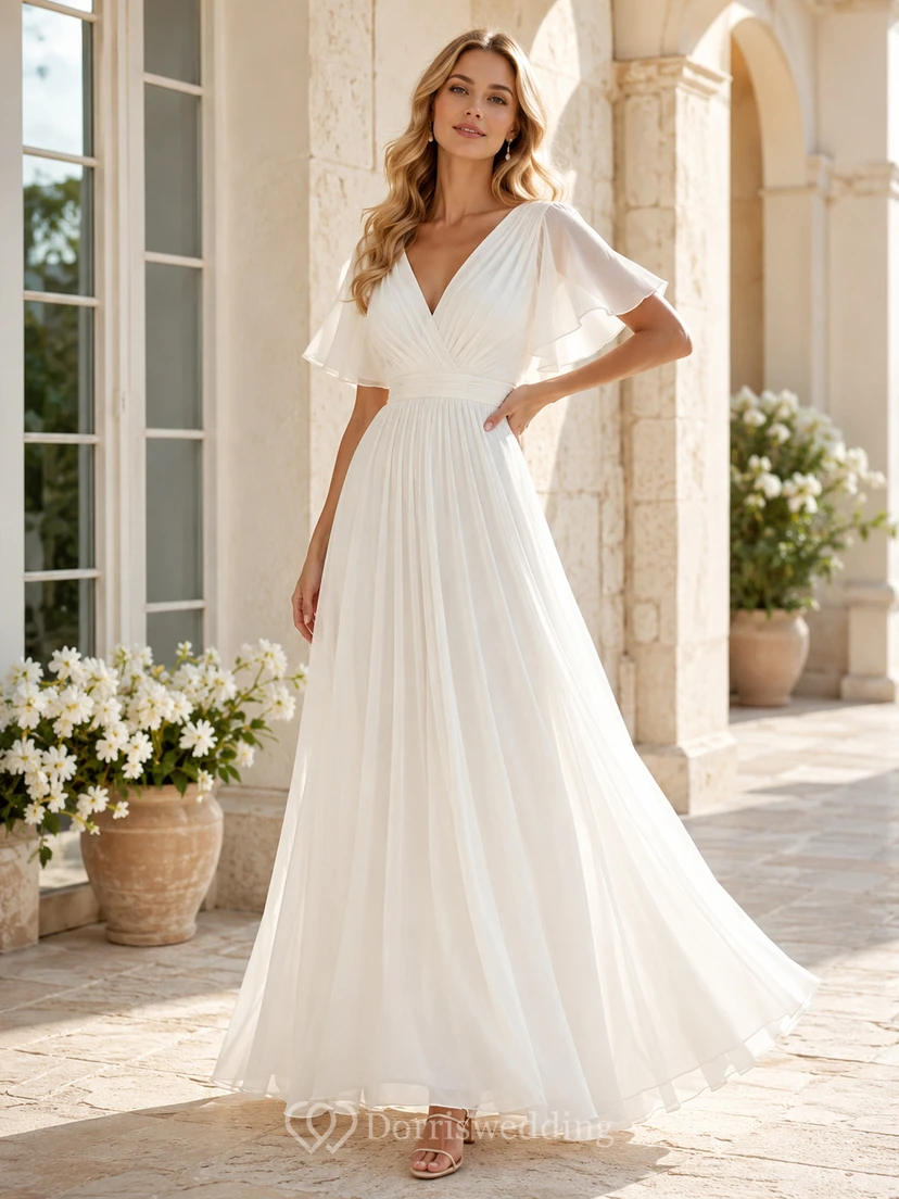 Robe de mariée romantique en mousseline, coupe trapèze, longueur au sol, col en V, manches courtes, style jardin.