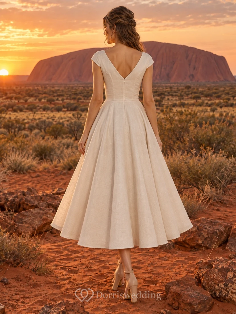 Schlichtes Brautkleid in A-Linie mit V-Ausschnitt, kurzen Ärmeln und Teelänge view 2
