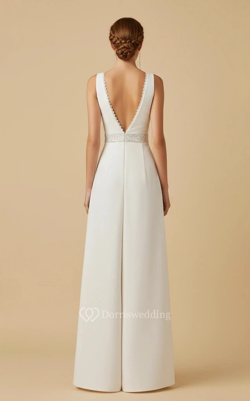 V-Ausschnitt, dekorativer Saum, ärmelloser Jumpsuit mit weitem Bein und glänzender Taille für Hochzeiten view 2