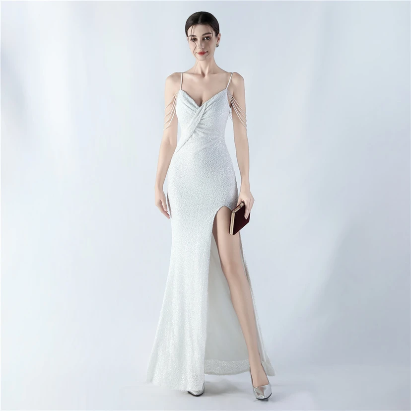 Robe de soirée sexy à bretelles et fente haute, ornée de perles et de perles artisanales. view 50