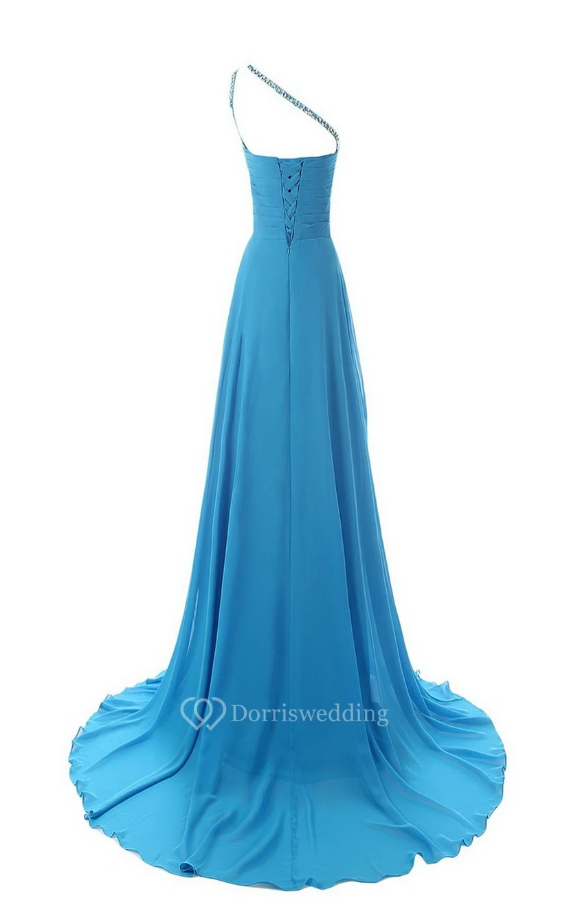 One-shoulder Ruffled Gown With Beadings and Sweep Train view 3
