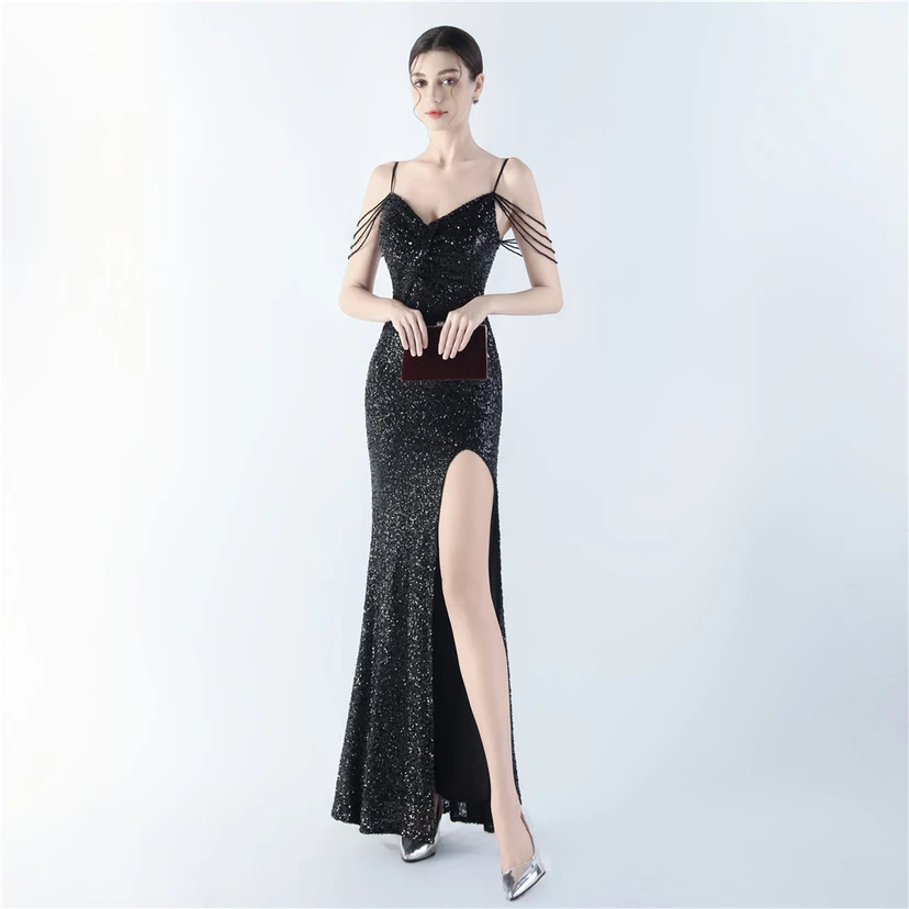 Robe de soirée sexy à bretelles et fente haute, ornée de perles et de perles artisanales. view 6