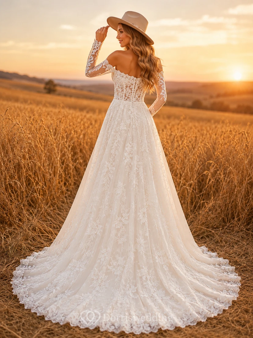 Boho Off Shoulder Long Sleeve Lace Chapel Wedding Dress view 2