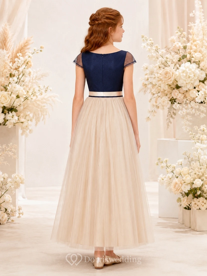 Dark Navy Junior Bridesmaid Dress A-Line Square Short Illusion-Sleeve Tulle Sash/Ribbon Elegant view 2