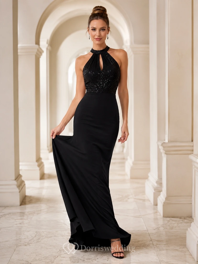 Black Halter Neck Backless Jersey Mermaid Floor Length Evening Dress