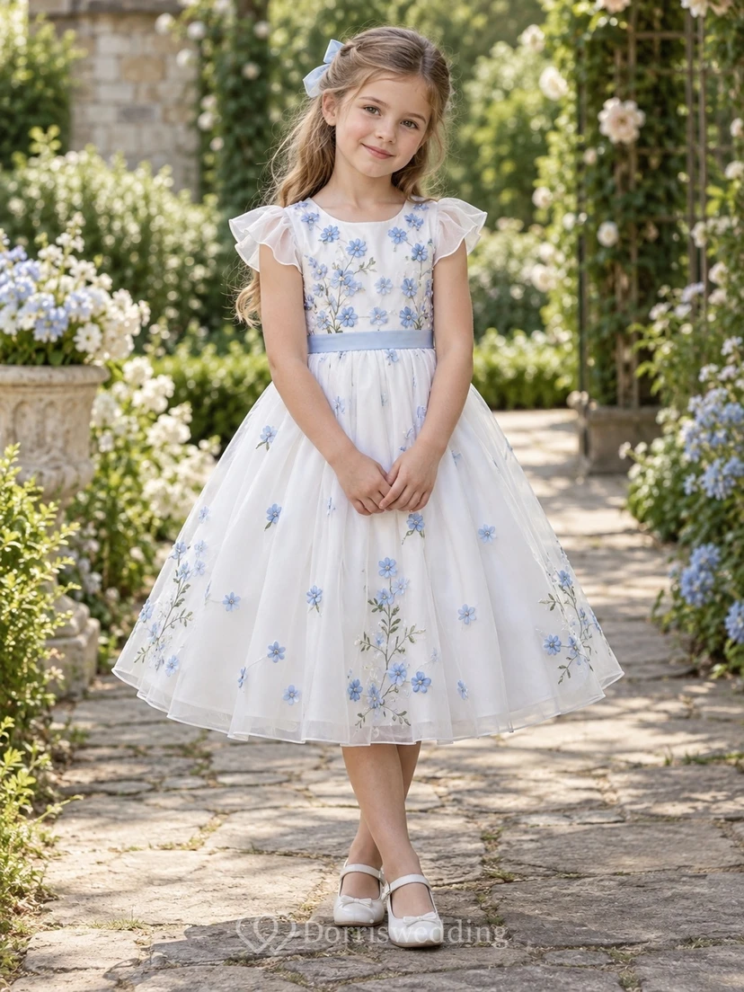 Tea-length Ivory Blue Floral Flutter Sleeve Tulle Bow Flower Girl Dress