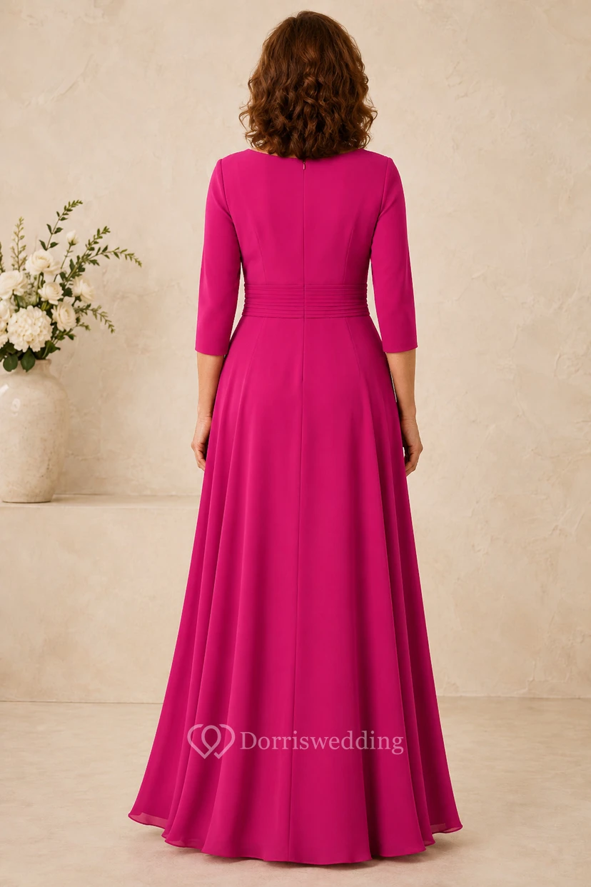 Fuchsiafarbenes A-Linien-Kleid mit V-Ausschnitt und 3/4-Ärmeln view 2