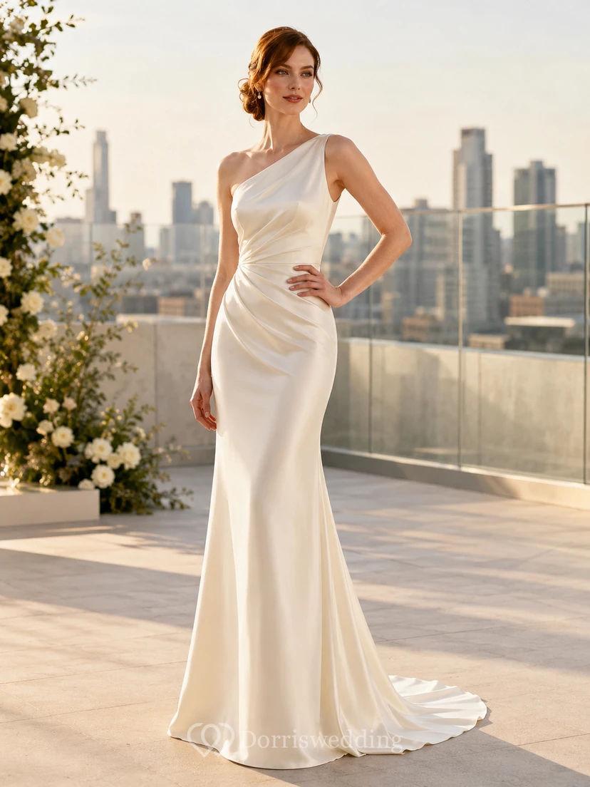 One Shoulder Satin Sheath Minimalist Civil Wedding Dress